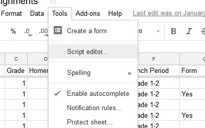 The tools menu showing the script editor link